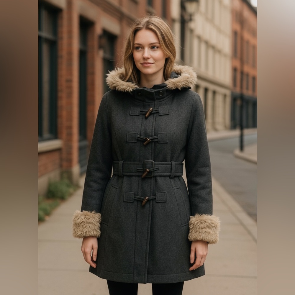 Anthropologie Elevenses Deep Woods Wool Blend Fur Trim Toggle Coat Grey Size 0